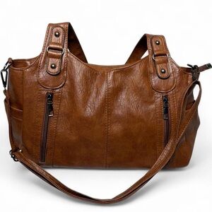 City Y2K Retro Utility Grunge Large Brown Faux Leather Tote Dark Hardware Chic